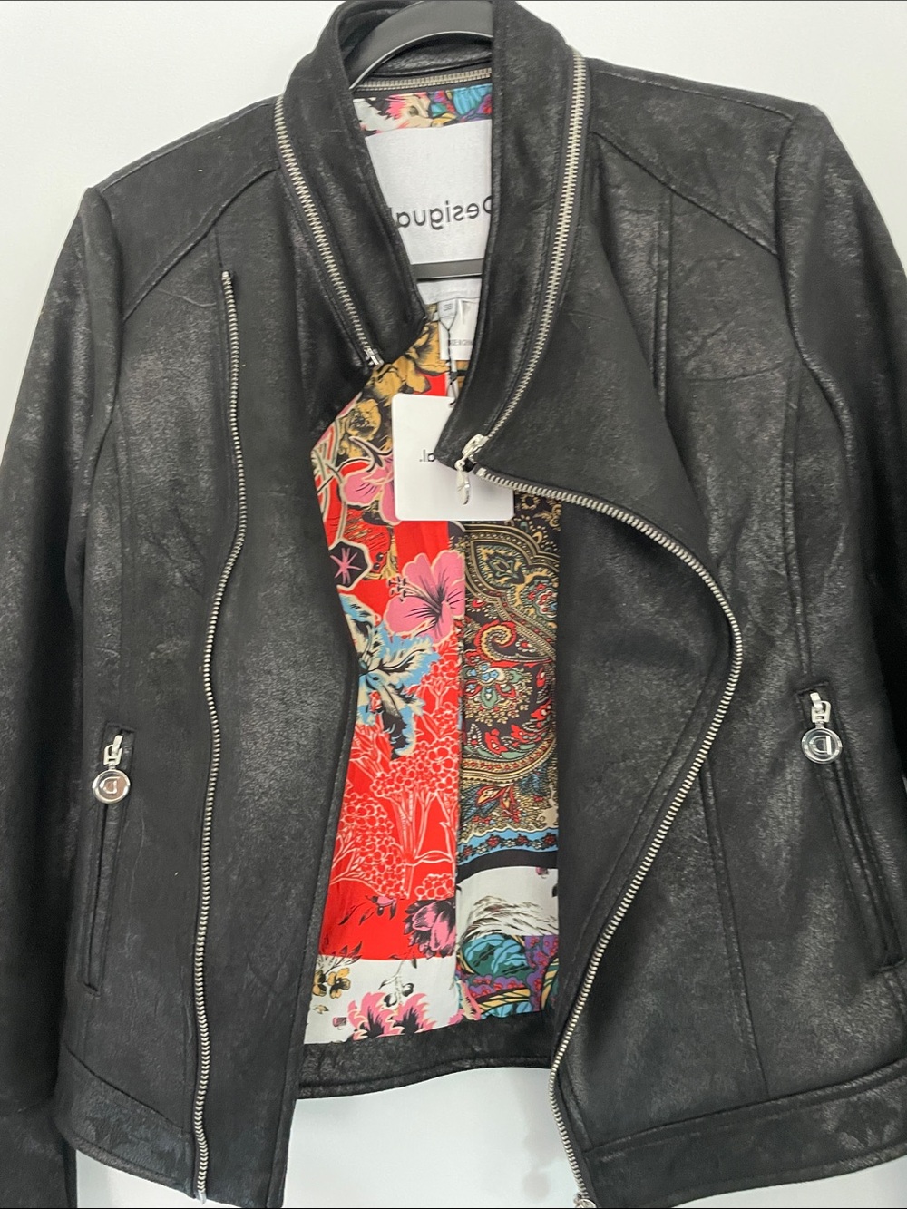 Desigual Black Faux Leather asymmetrical zippered Embroidered jacket EU 38 NWT